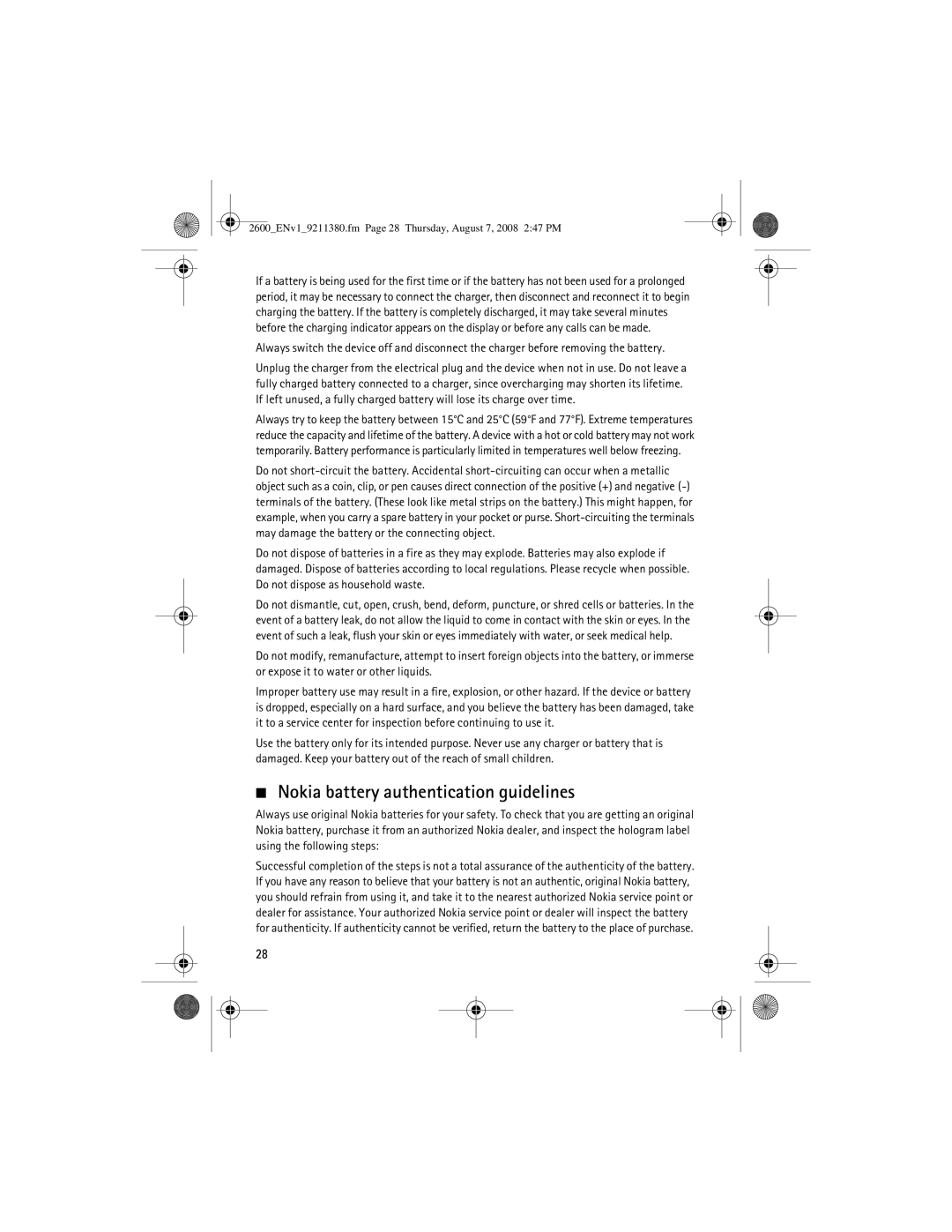 Nokia manual Nokia battery authentication guidelines, 2600ENv19211380.fm Page 28 Thursday, August 7, 2008 247 PM 