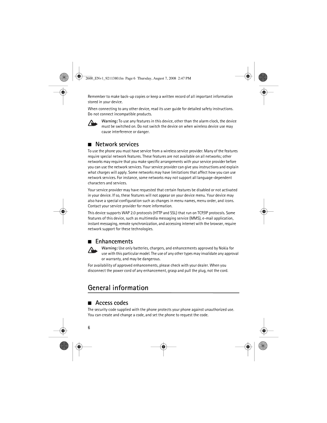 Nokia 9211380 manual Network services, Enhancements, Access codes 