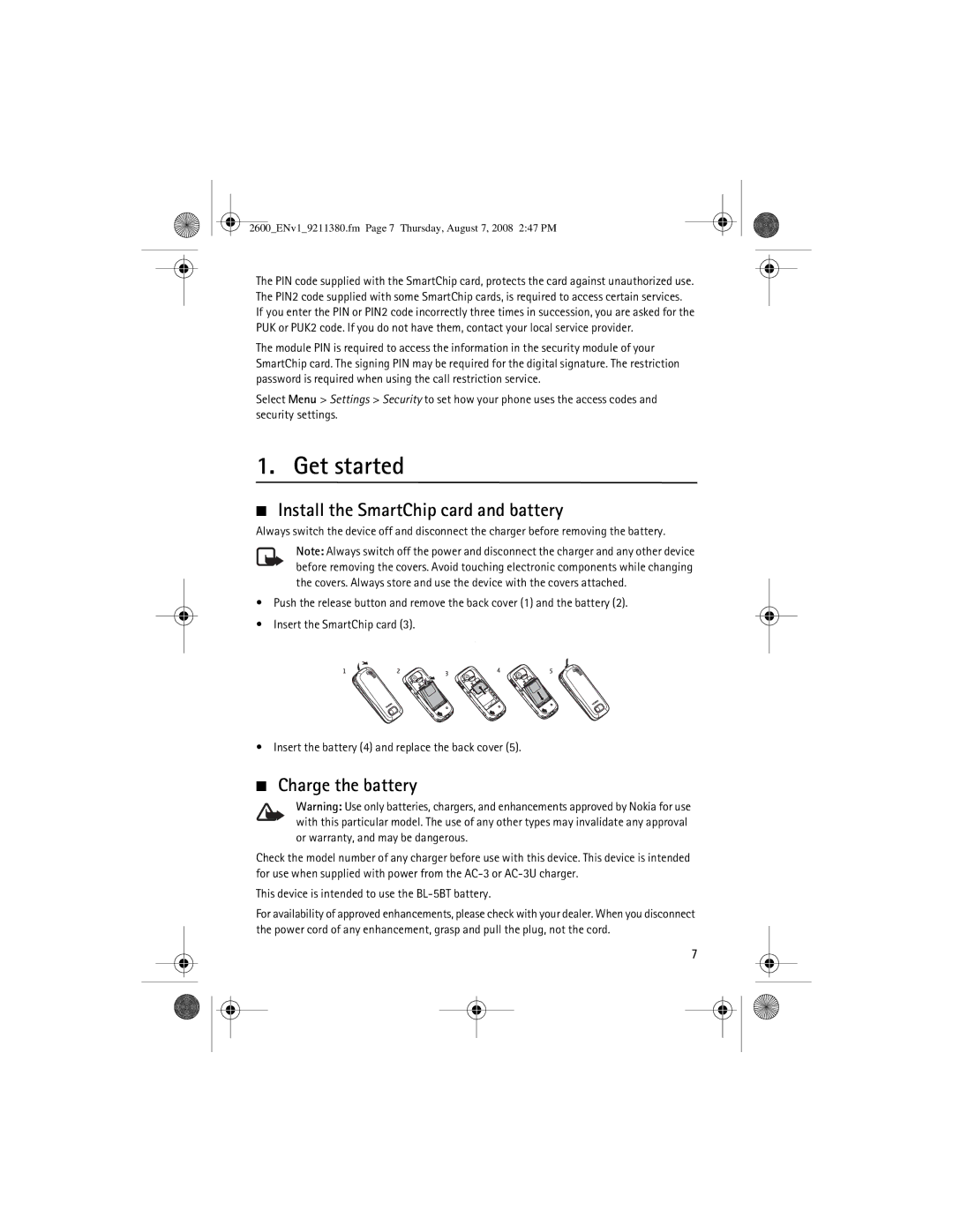 Nokia 9211380 manual Get started, Install the SmartChip card and battery, Charge the battery 