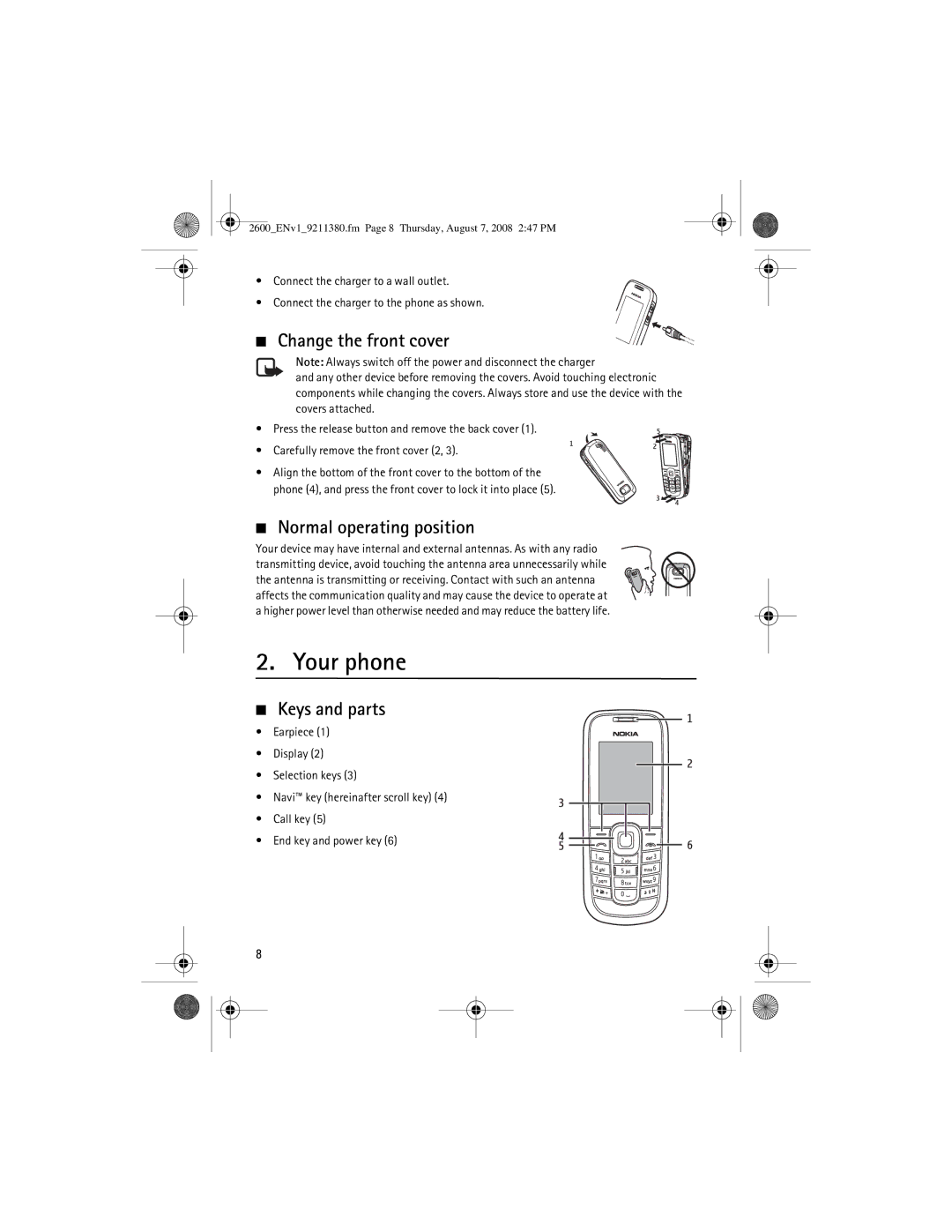 Nokia 9211380 manual Your phone, Change the front cover, Normal operating position, Keys and parts 