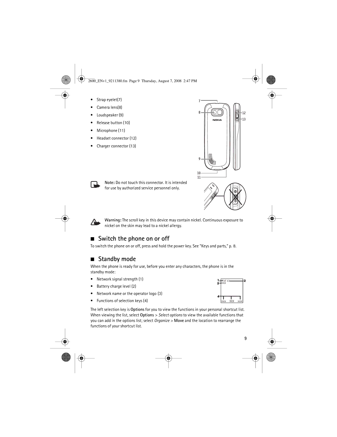 Nokia 9211380 manual Switch the phone on or off, Standby mode 