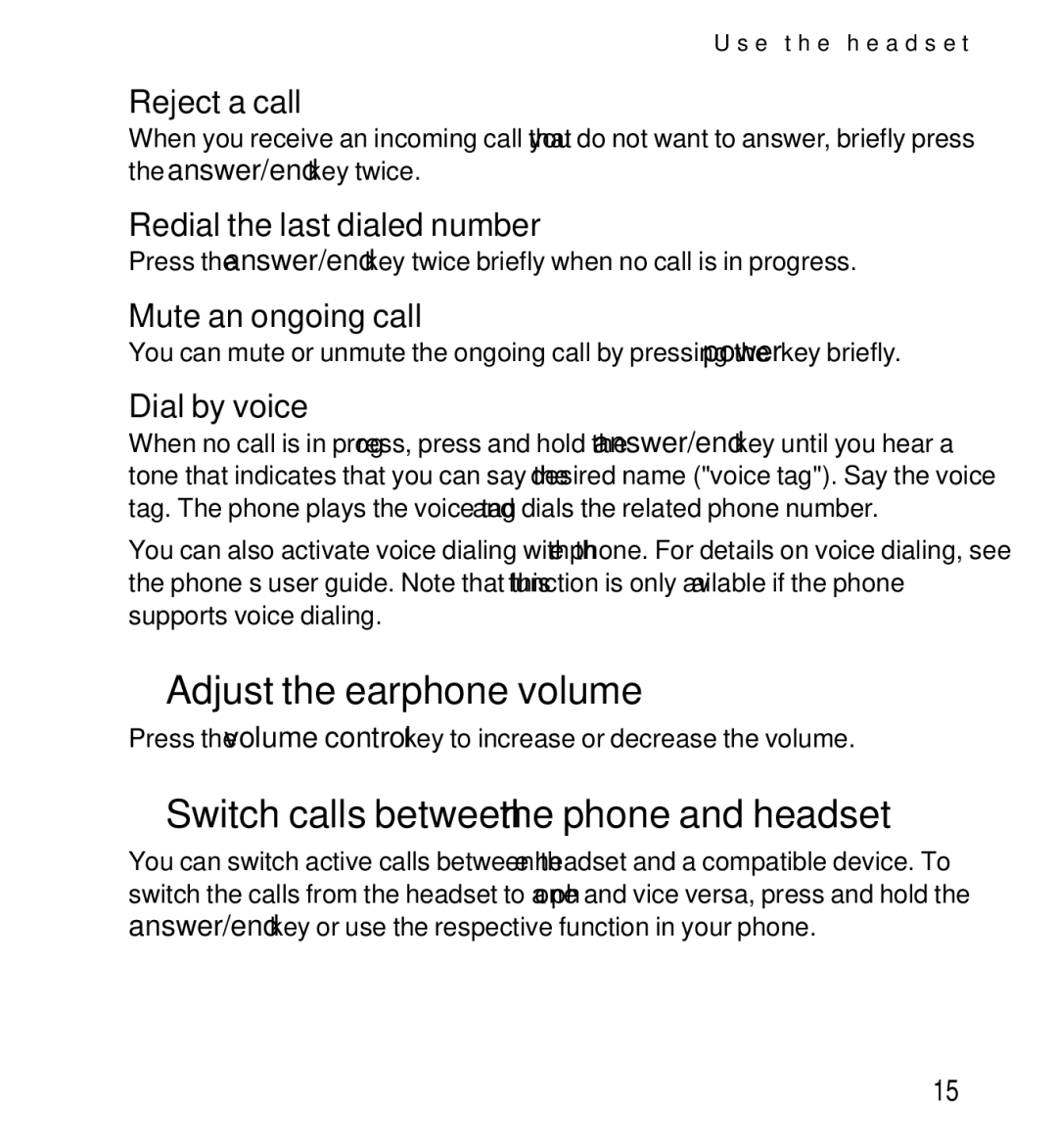 Nokia 9232254 manual Adjust the earphone volume, Switch calls between the phone and headset 