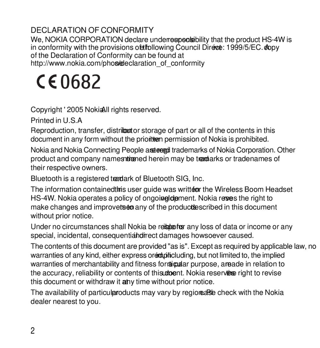 Nokia 9232254 manual Declaration of Conformity 