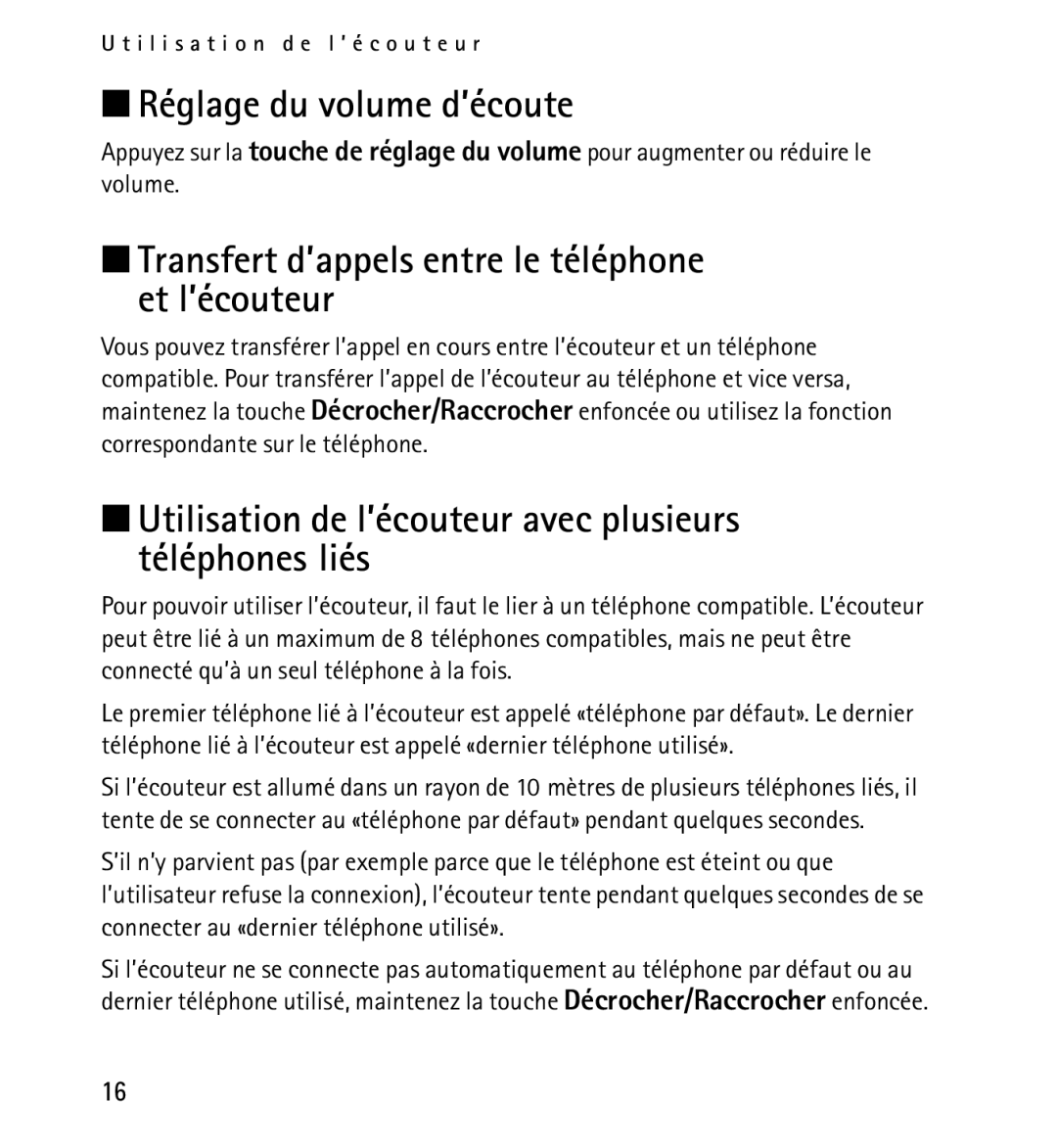 Nokia 9232254 manual Réglage du volume d’écoute, Transfert d’appels entre le téléphone et l’écouteur 