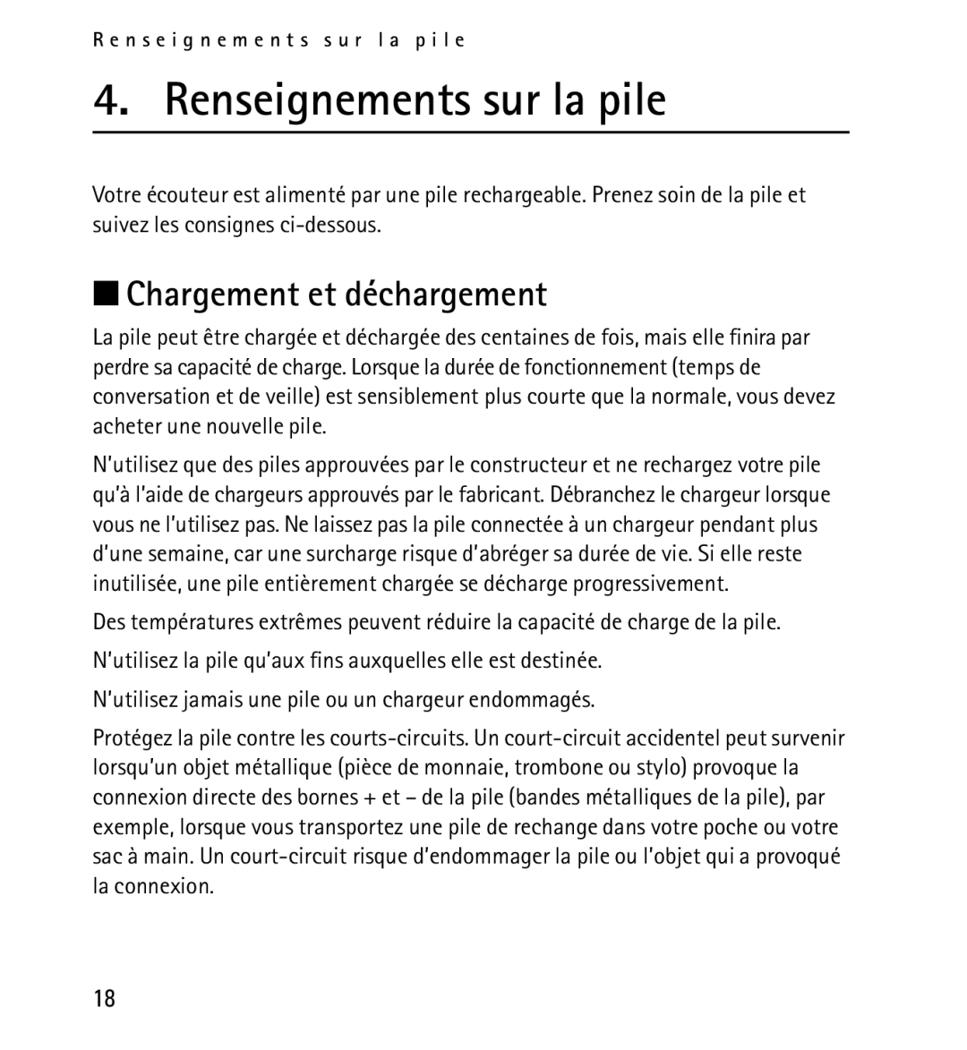 Nokia 9232254 manual Renseignements sur la pile, Chargement et déchargement 