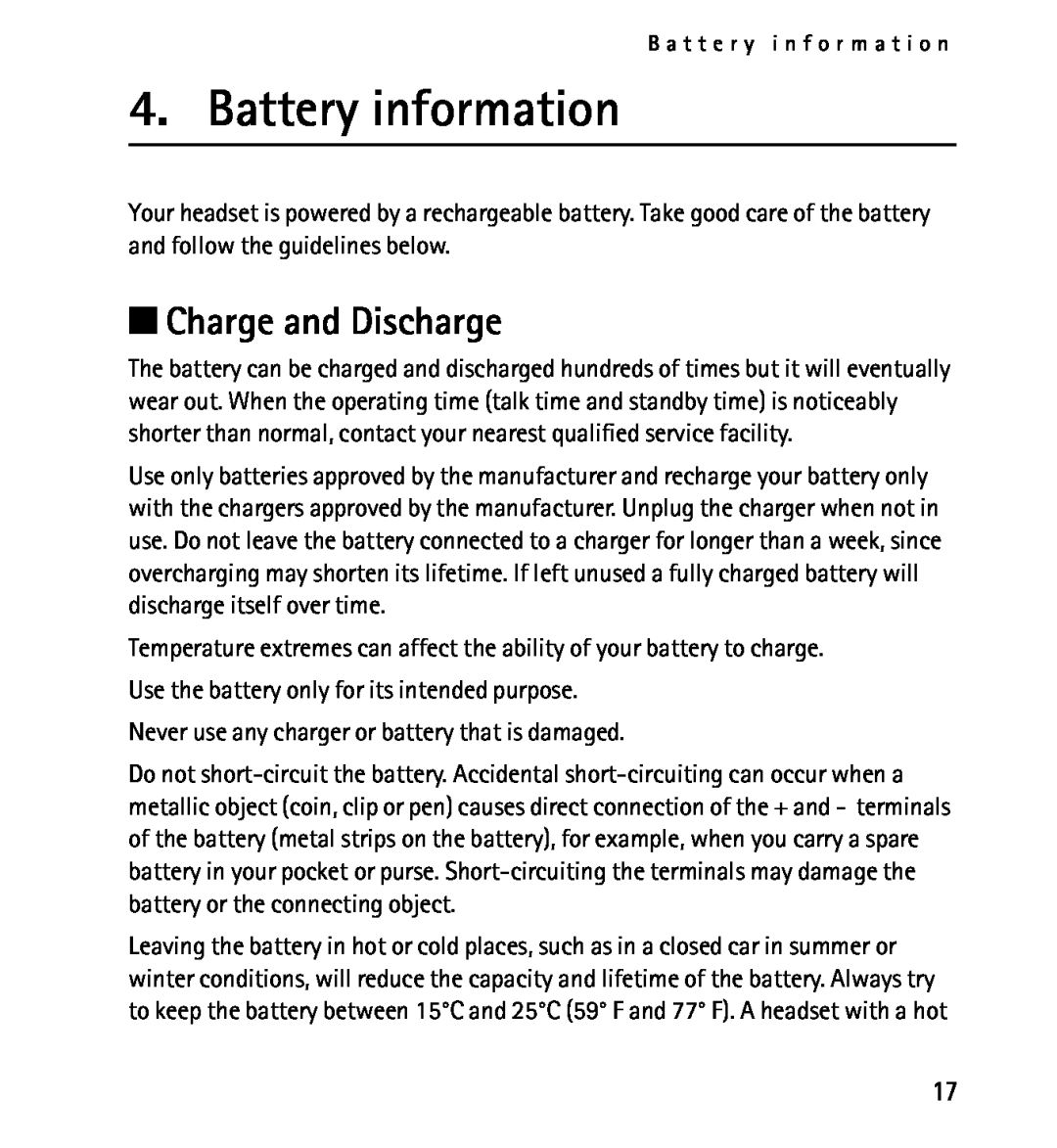 Nokia 9232254 manual Battery information, Charge and Discharge, B a t t e r y i n f o r m a t i o n 