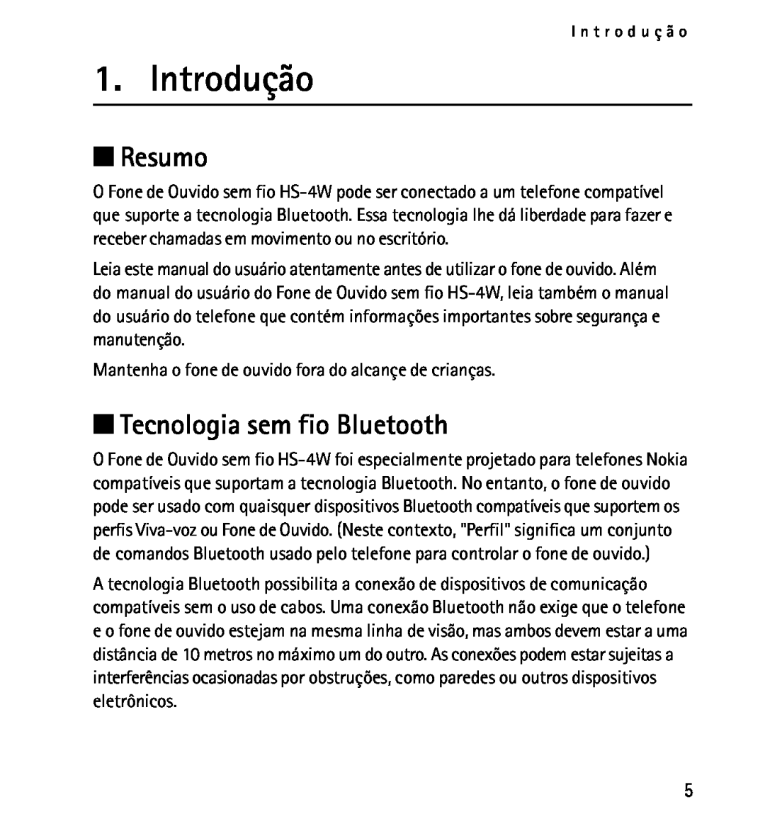 Nokia 9232254 manual Introdução, Resumo, Tecnologia sem fio Bluetooth 