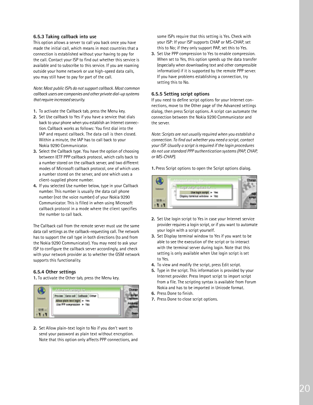 Nokia 9290 manual Taking callback into use, Other settings, Setting script options 