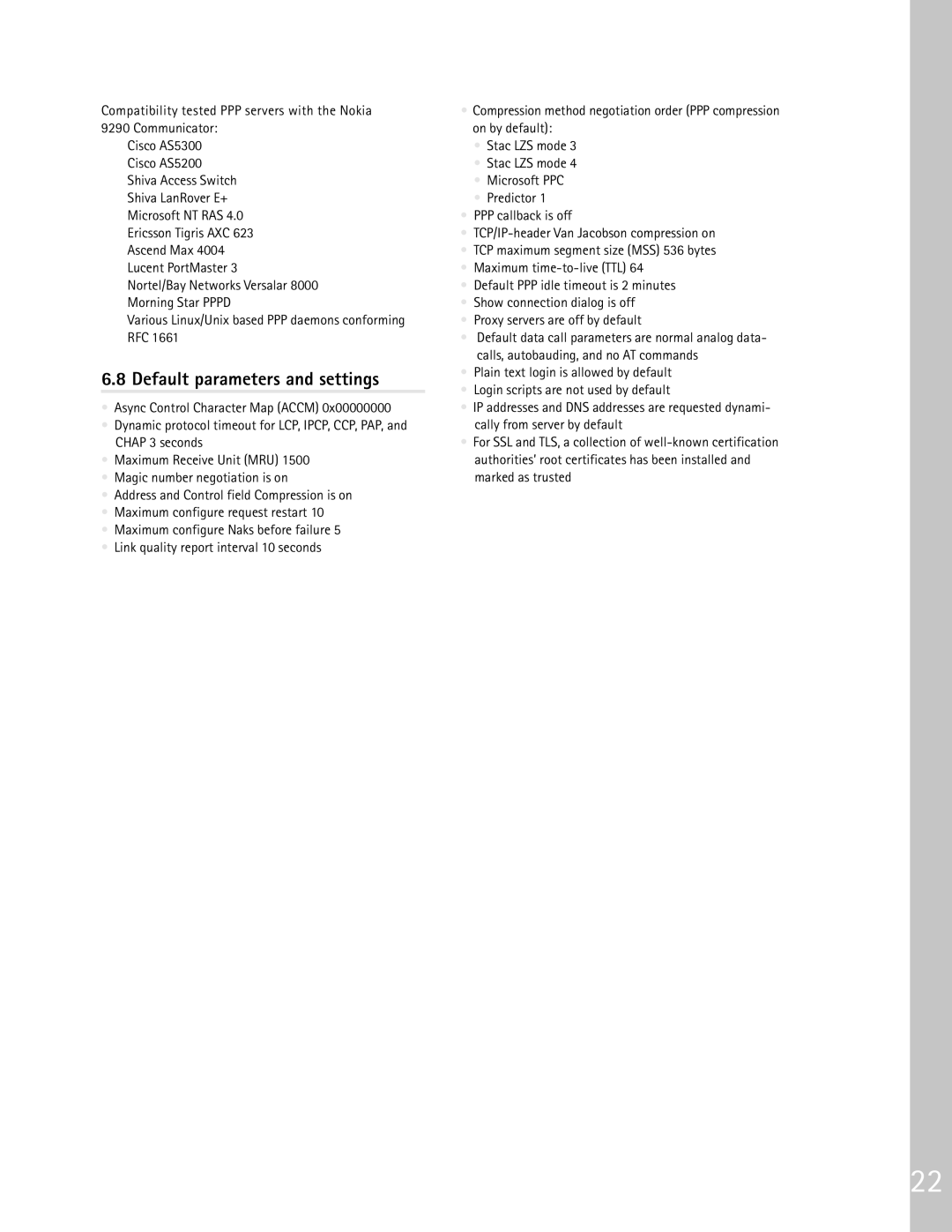 Nokia 9290 manual Default parameters and settings 