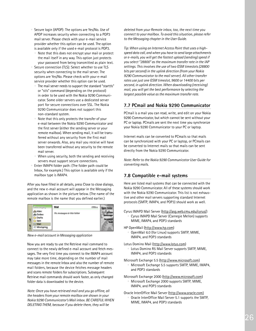 Nokia manual PCmail and Nokia 9290 Communicator, Compatible e-mail systems 