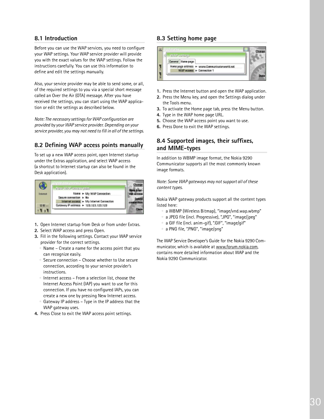 Nokia 9290 manual Setting home, Supported images, their suffixes, and MIME-types 