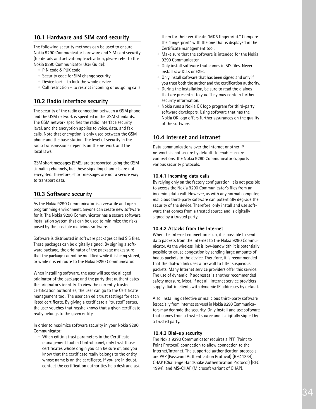 Nokia 9290 manual Hardware and SIM card security, Radio interface security, Software security, Internet and intranet 