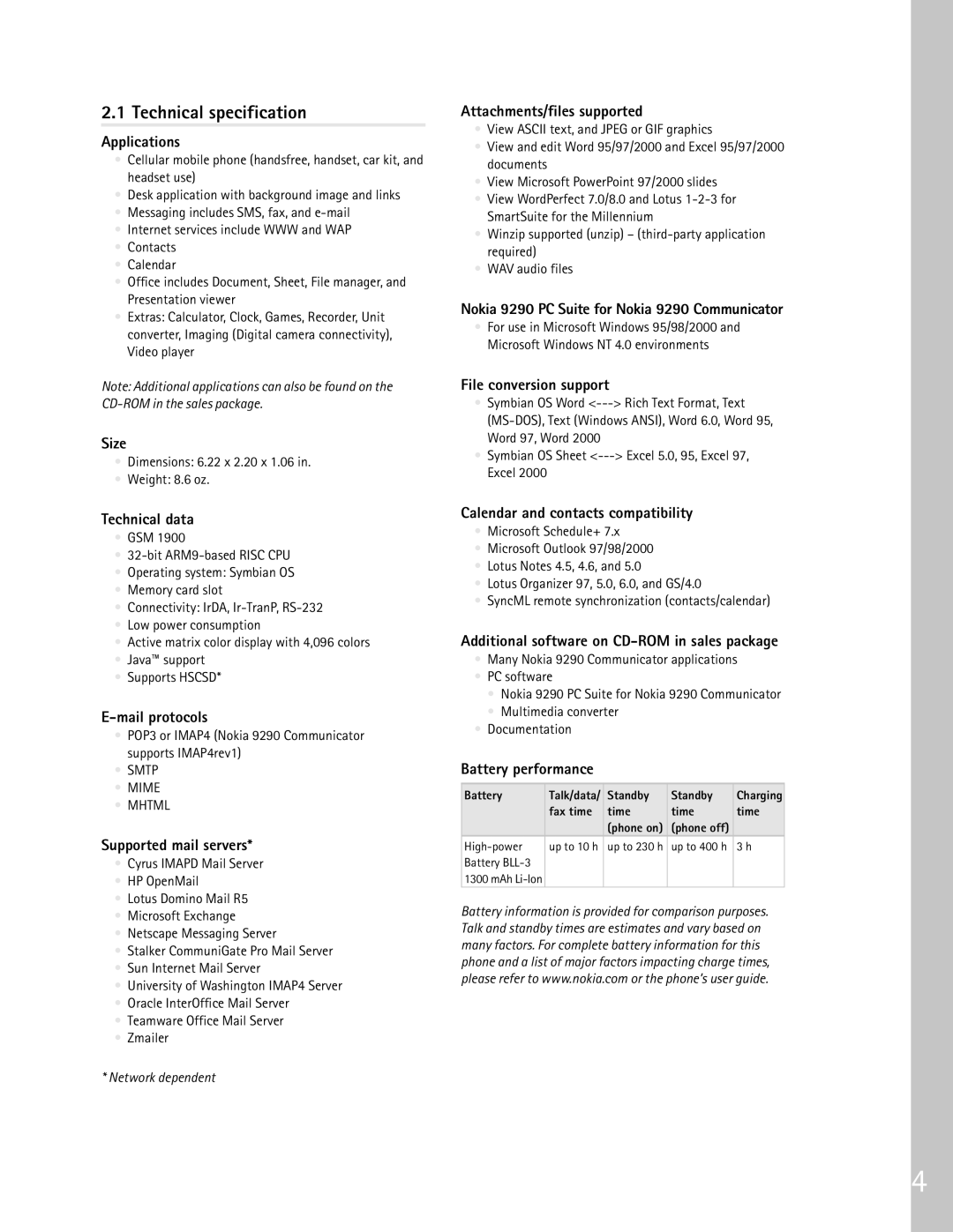 Nokia 9290 manual Technical specification 