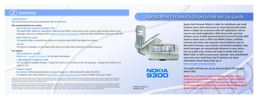 Nokia setup guide 2Summary, Xpress Mail Personal Edition Email Set Up Guide, Congratulations, Nokia 9300 User Guide 