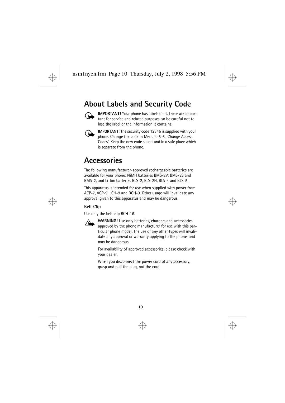 Nokia 9351609 manual About Labels and Security Code, Accessories, Nsm1nyen.frm Page 10 Thursday, July 2, 1998 556 PM 