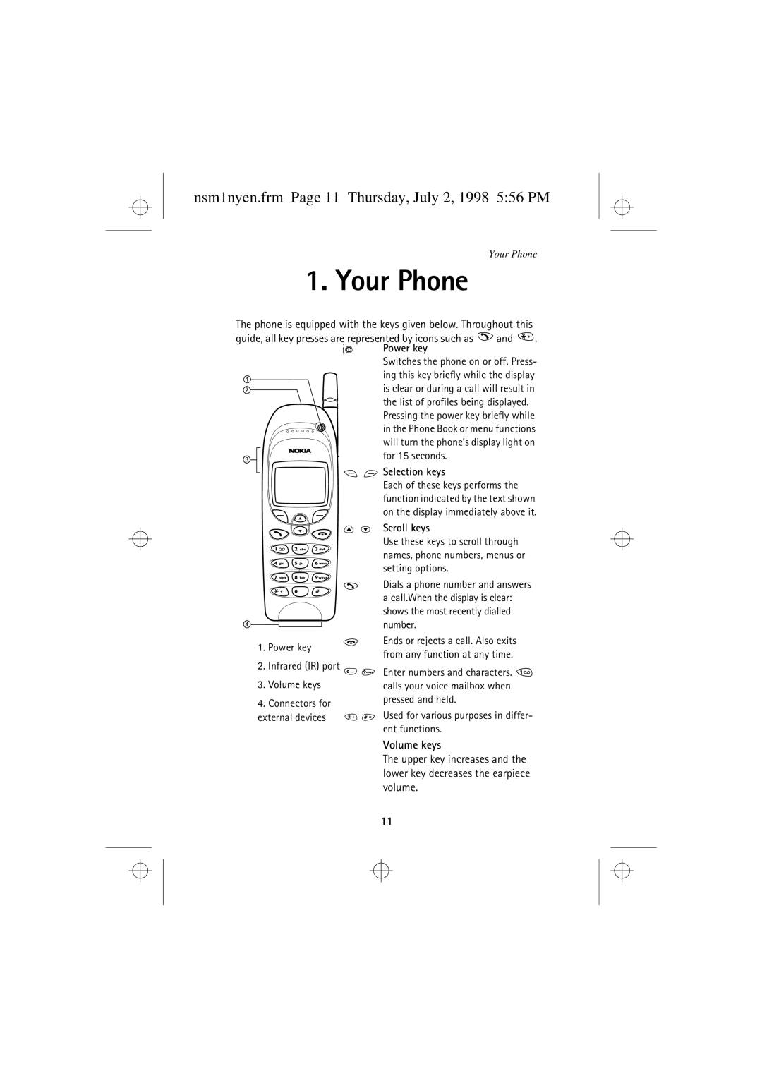 Nokia 9351609 manual Your Phone, Nsm1nyen.frm Page 11 Thursday, July 2, 1998 556 PM 