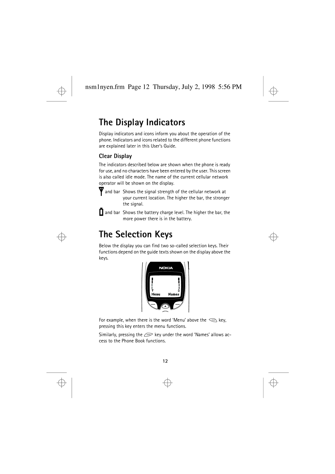 Nokia 9351609 manual Display Indicators, Selection Keys, Nsm1nyen.frm Page 12 Thursday, July 2, 1998 556 PM, Clear Display 