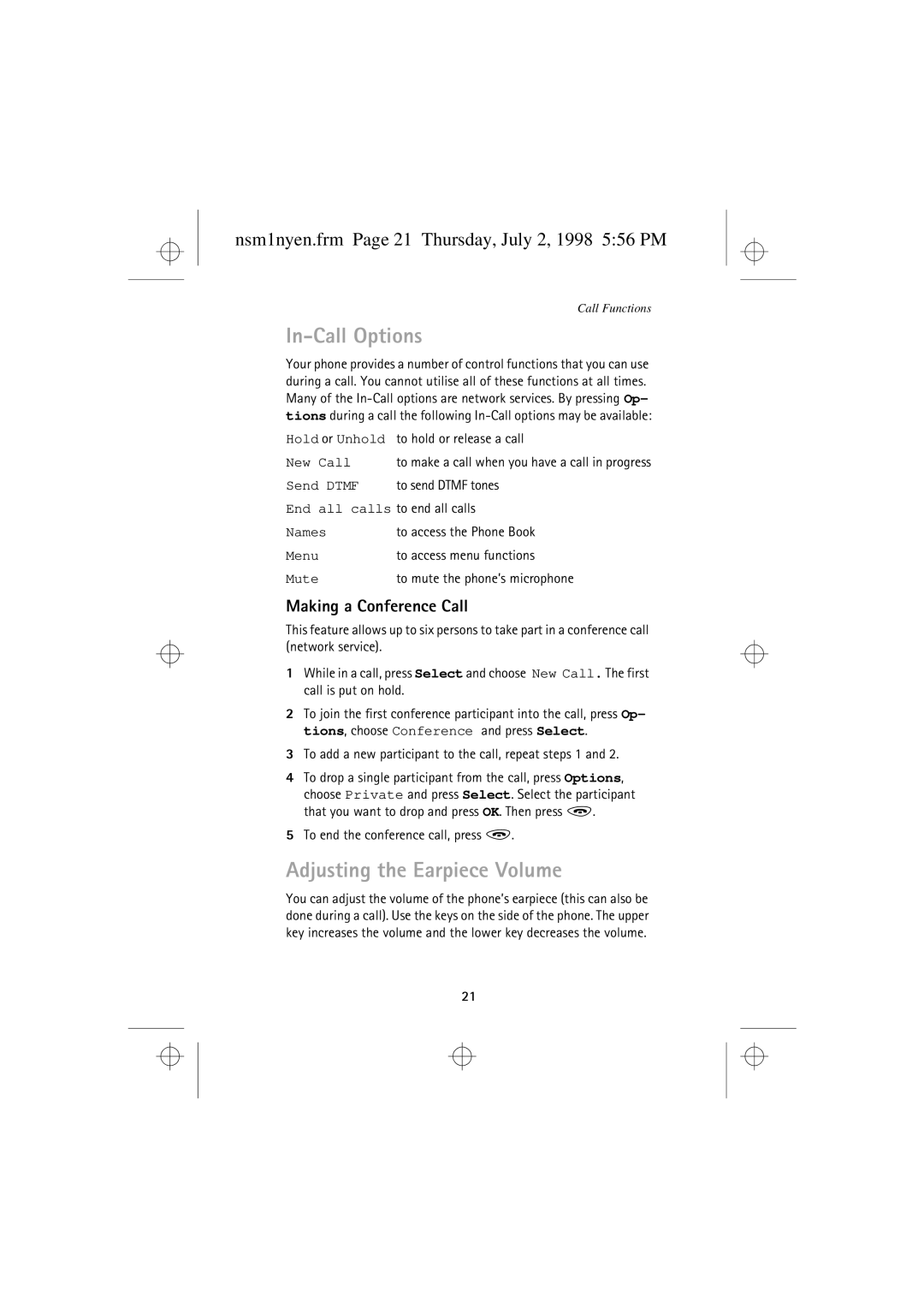 Nokia 9351609 manual In-Call Options, Adjusting the Earpiece Volume, Nsm1nyen.frm Page 21 Thursday, July 2, 1998 556 PM 