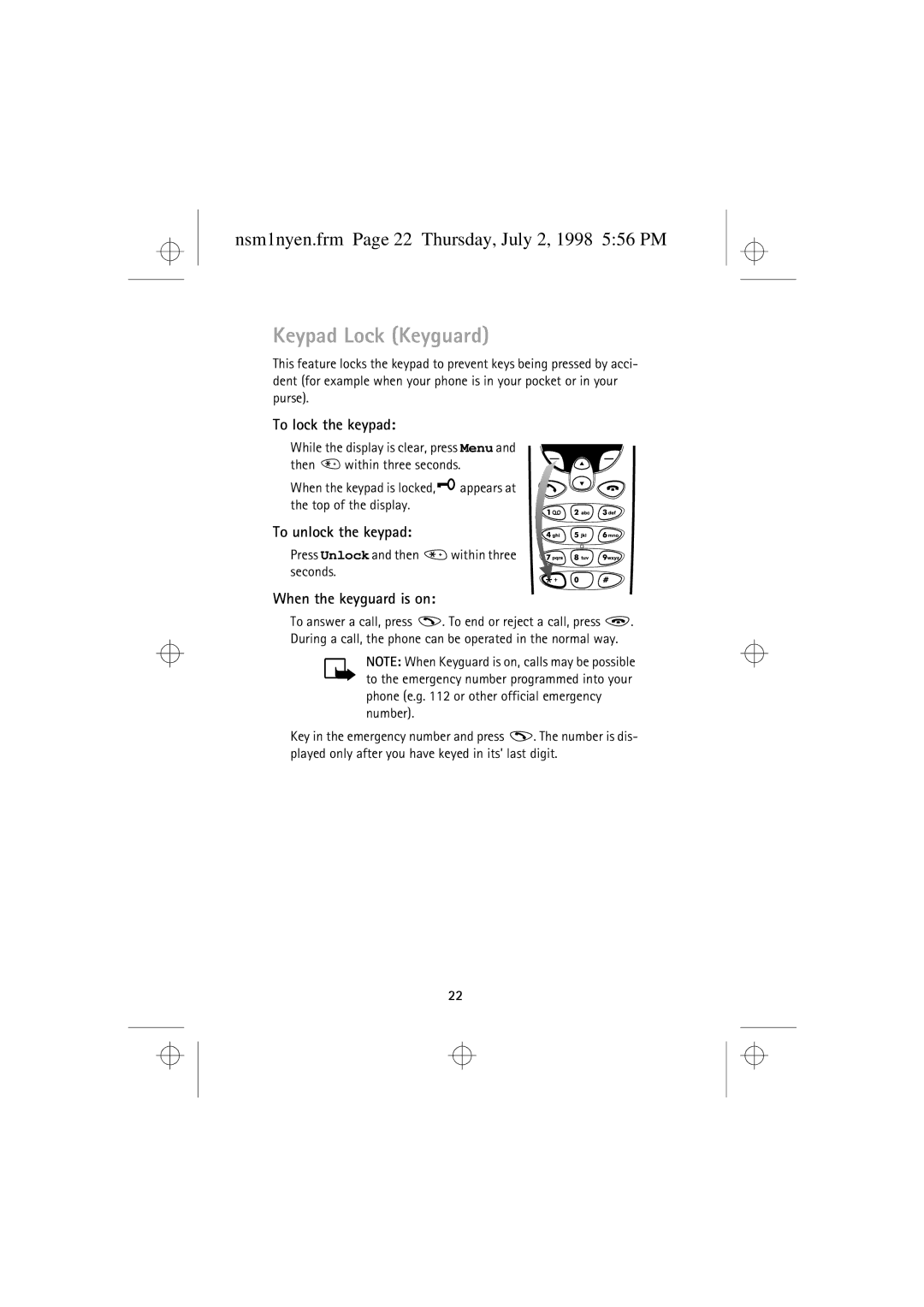 Nokia 9351609 manual Keypad Lock Keyguard, Nsm1nyen.frm Page 22 Thursday, July 2, 1998 556 PM 