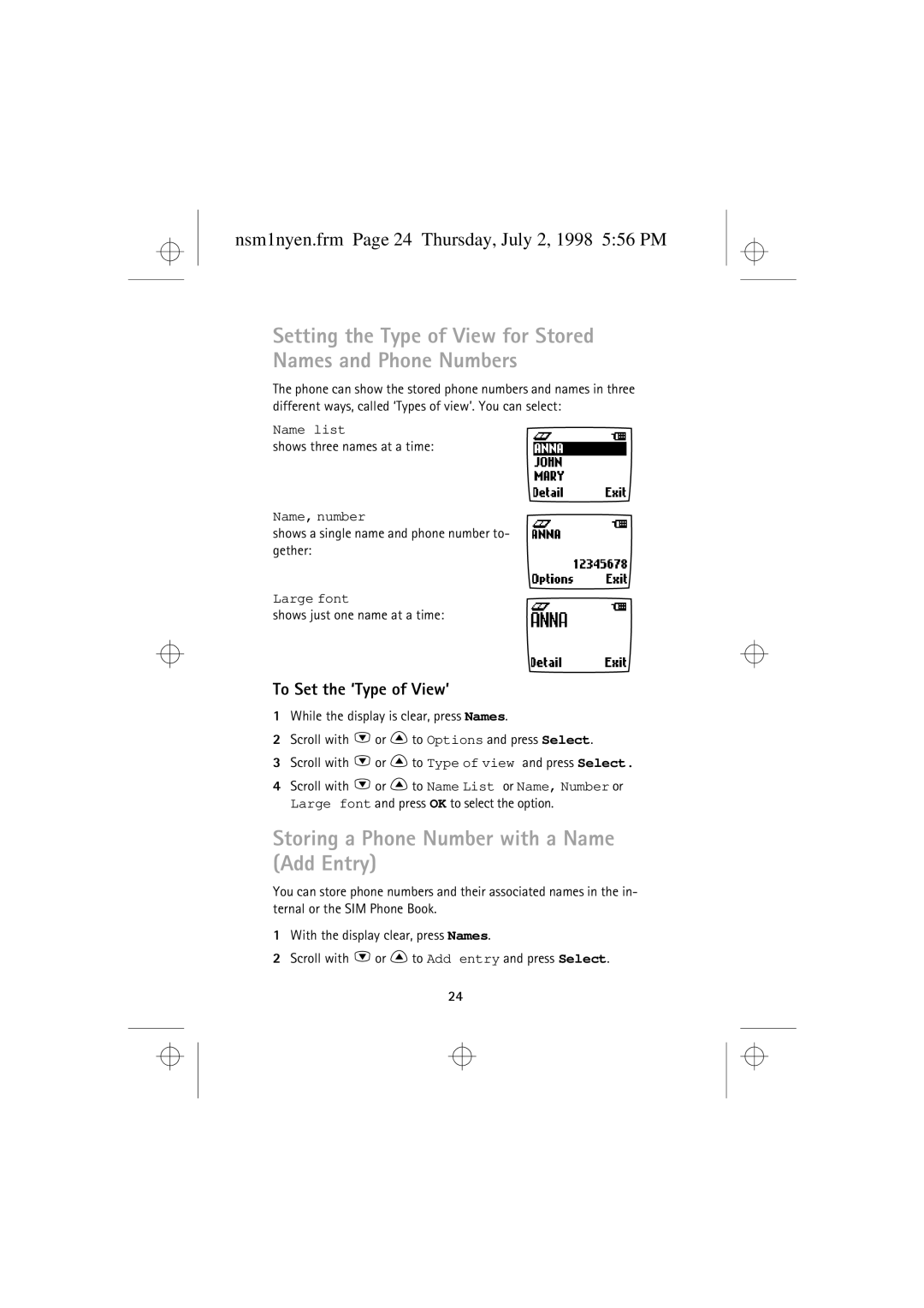 Nokia 9351609 manual Storing a Phone Number with a Name Add Entry, Nsm1nyen.frm Page 24 Thursday, July 2, 1998 556 PM 