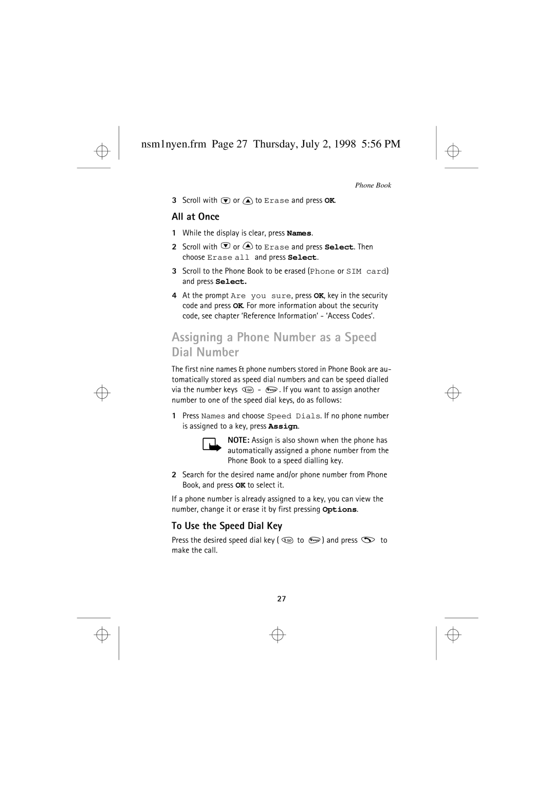 Nokia 9351609 manual Assigning a Phone Number as a Speed Dial Number, Nsm1nyen.frm Page 27 Thursday, July 2, 1998 556 PM 