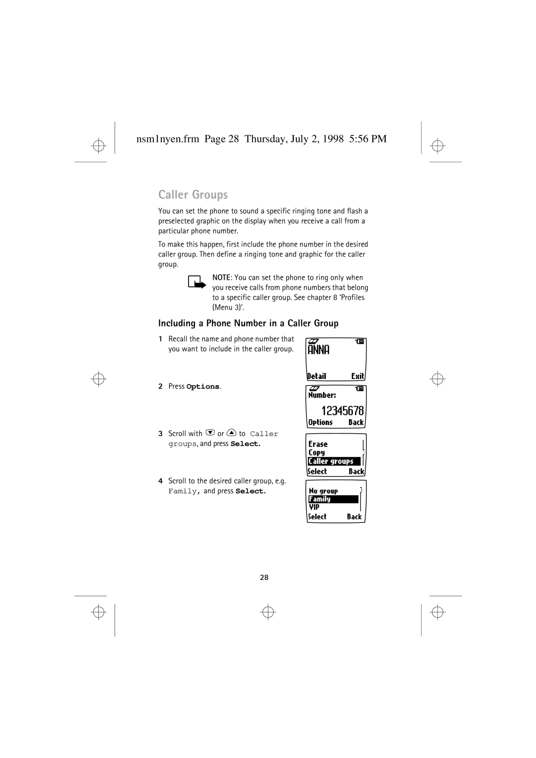 Nokia 9351609 manual Caller Groups, Nsm1nyen.frm Page 28 Thursday, July 2, 1998 556 PM 