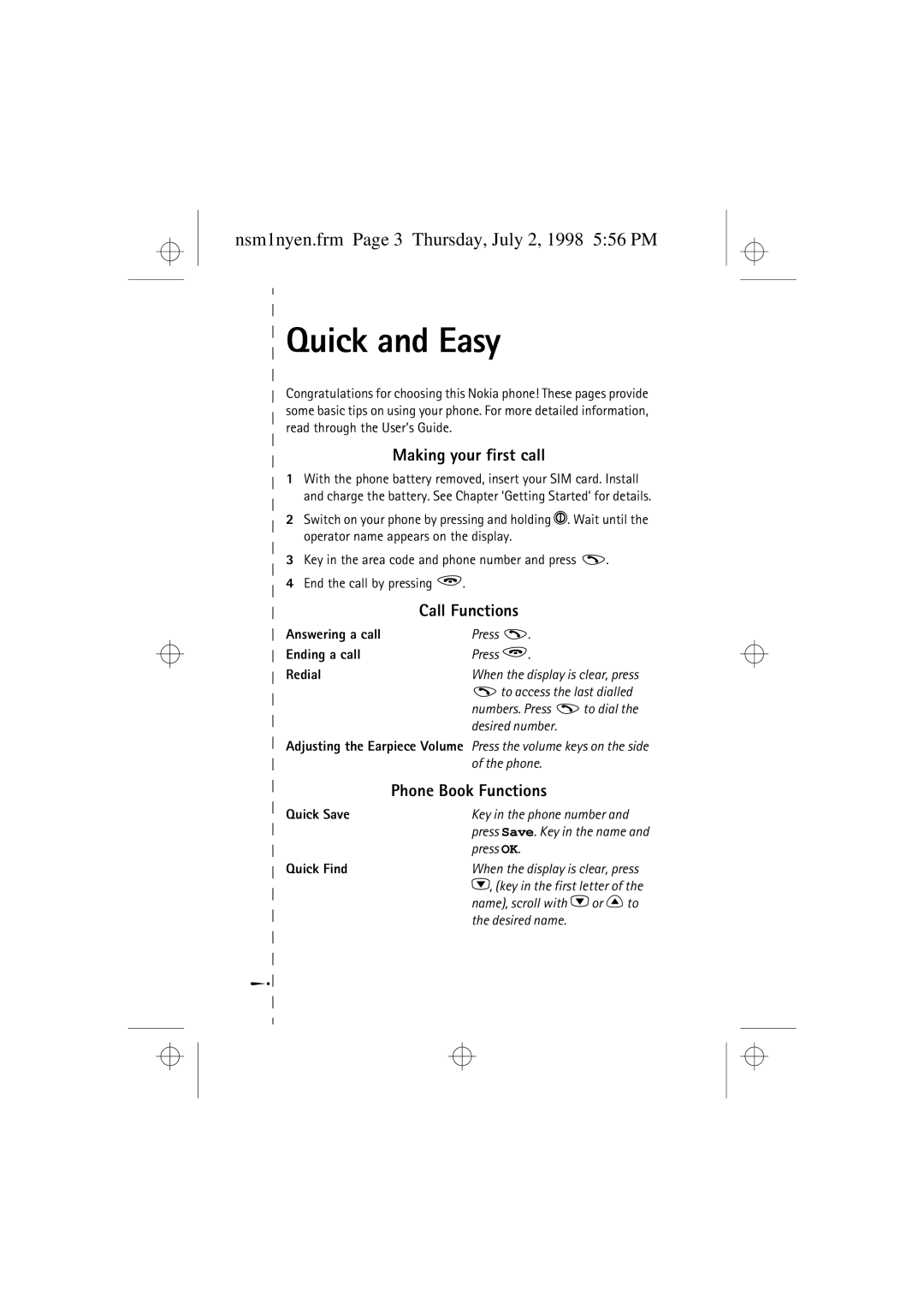 Nokia 9351609 manual Nsm1nyen.frm Page 3 Thursday, July 2, 1998 556 PM, Making your first call, Call Functions 