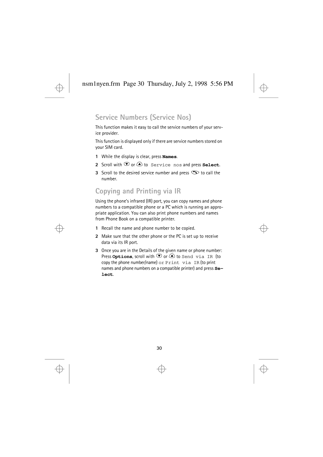 Nokia 9351609 Service Numbers Service Nos, Copying and Printing via IR, Nsm1nyen.frm Page 30 Thursday, July 2, 1998 556 PM 