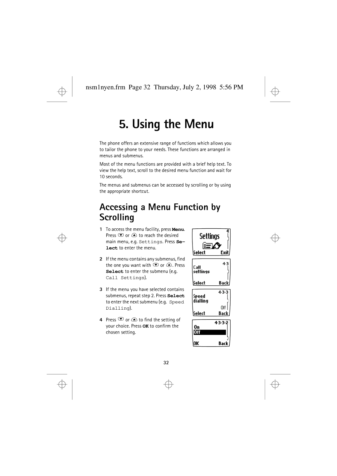 Nokia 9351609 Accessing a Menu Function by Scrolling, Nsm1nyen.frm Page 32 Thursday, July 2, 1998 556 PM, Call Settings 