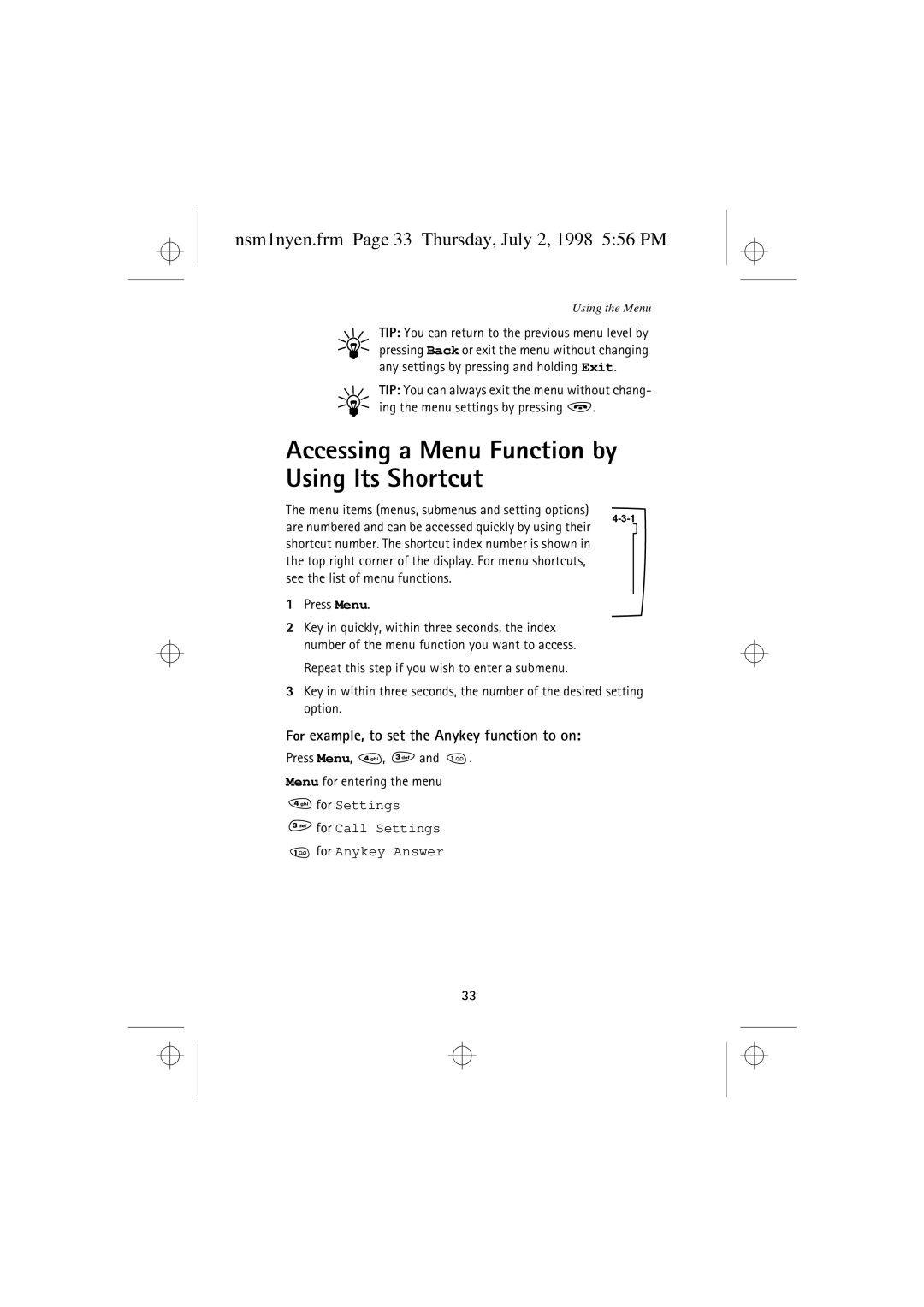 Nokia 9351609 manual Nsm1nyen.frm Page 33 Thursday, July 2, 1998 556 PM, Press Menu, , Menu for entering the menu 