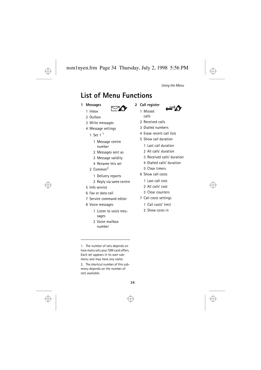 Nokia 9351609 manual List of Menu Functions, Nsm1nyen.frm Page 34 Thursday, July 2, 1998 556 PM 