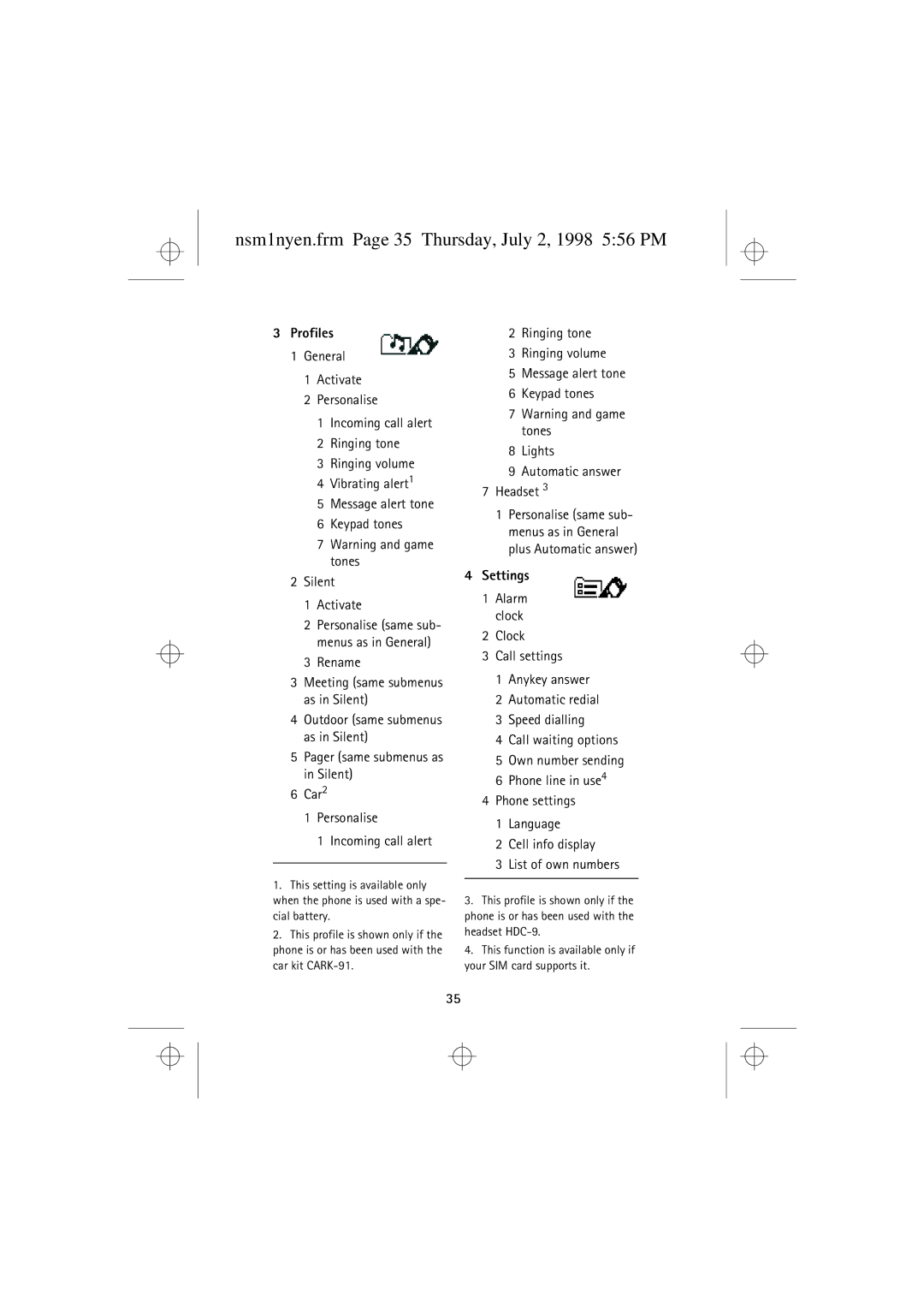 Nokia 9351609 manual Nsm1nyen.frm Page 35 Thursday, July 2, 1998 556 PM, Rename, Car2 Personalise Incoming call alert 
