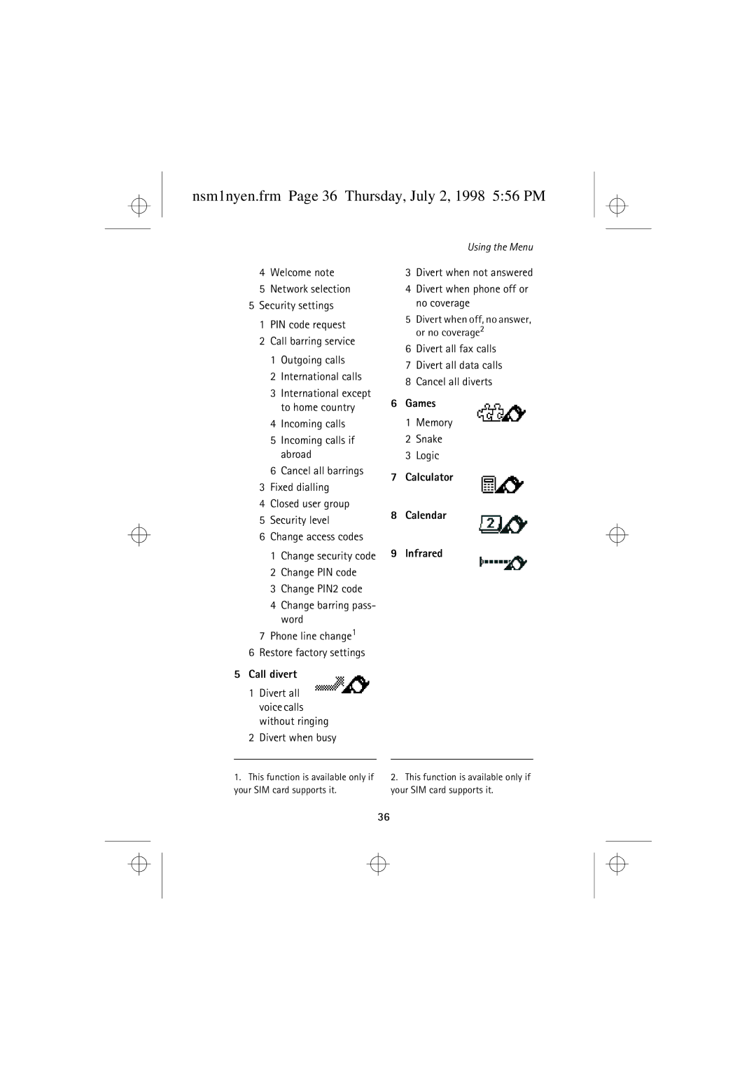 Nokia 9351609 manual Nsm1nyen.frm Page 36 Thursday, July 2, 1998 556 PM 