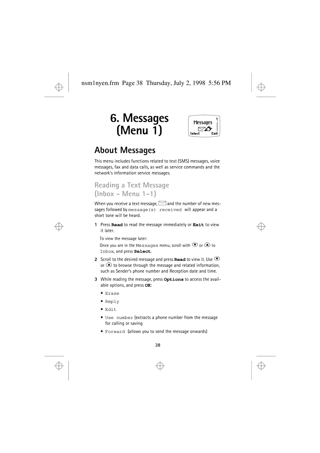 Nokia 9351609 manual About Messages, Reading a Text Message Inbox Menu, Nsm1nyen.frm Page 38 Thursday, July 2, 1998 556 PM 