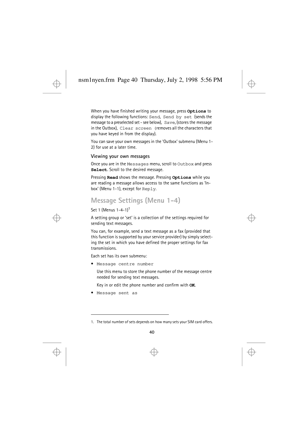 Nokia 9351609 manual Message Settings Menu, Nsm1nyen.frm Page 40 Thursday, July 2, 1998 556 PM, Message centre number 