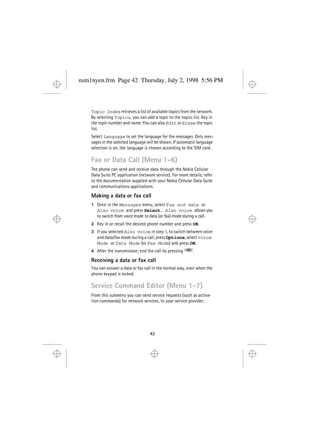 Nokia 9351609 manual Fax or Data Call Menu, Service Command Editor Menu, Nsm1nyen.frm Page 42 Thursday, July 2, 1998 556 PM 