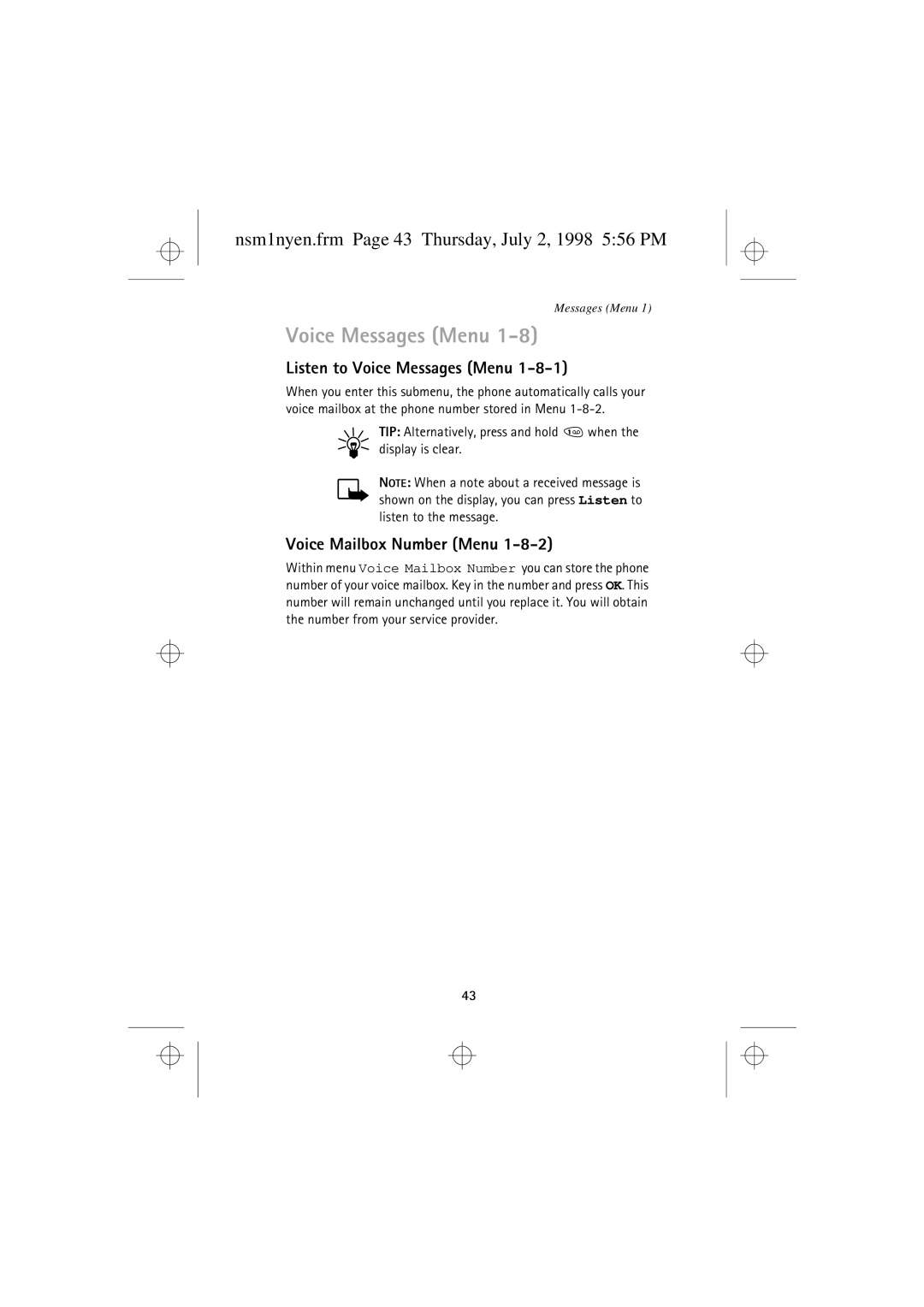 Nokia 9351609 manual Nsm1nyen.frm Page 43 Thursday, July 2, 1998 556 PM, Listen to Voice Messages Menu 