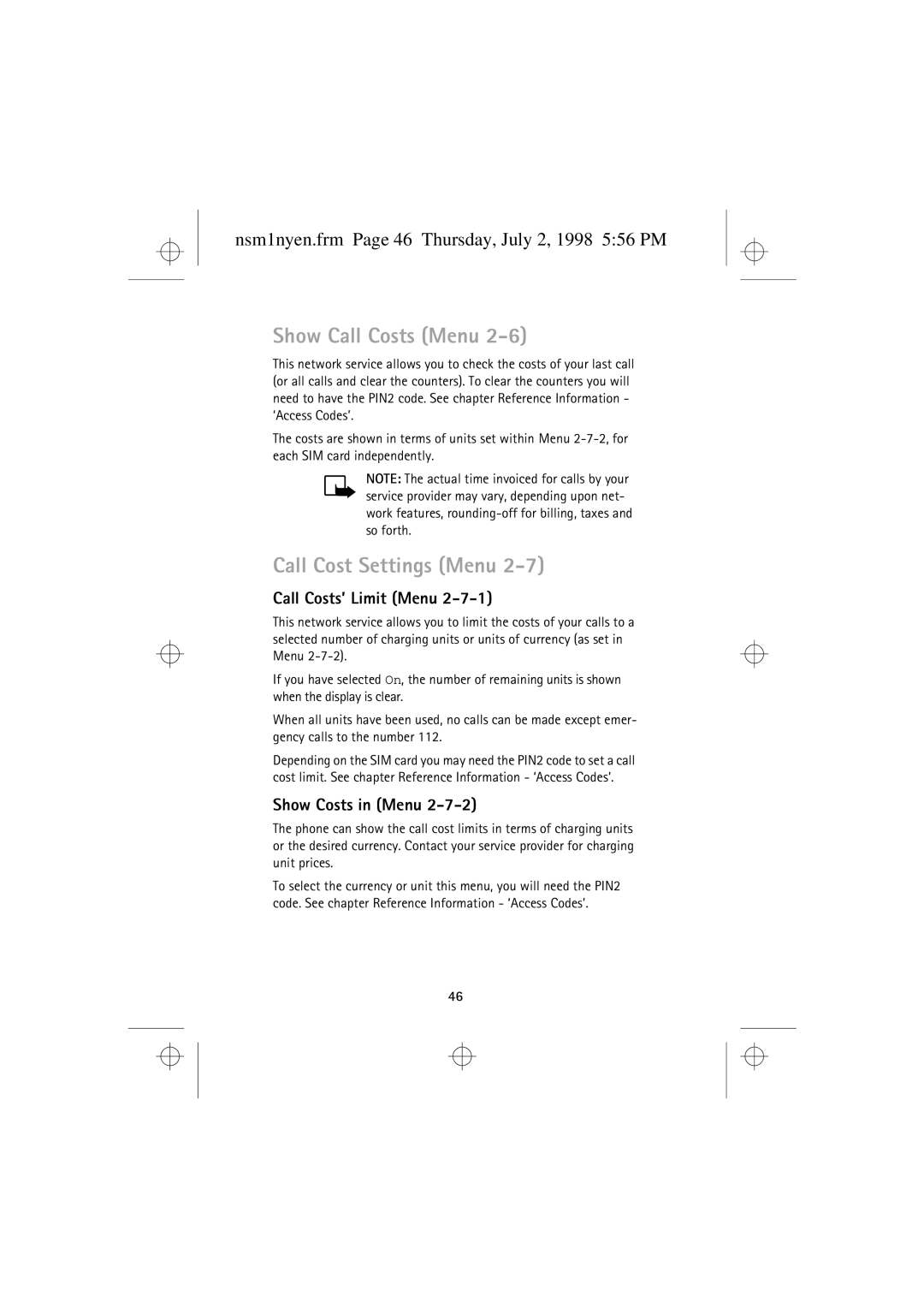 Nokia 9351609 manual Show Call Costs Menu, Call Cost Settings Menu, Nsm1nyen.frm Page 46 Thursday, July 2, 1998 556 PM 