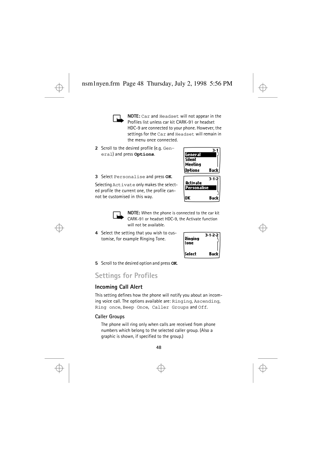 Nokia 9351609 manual Settings for Profiles, Nsm1nyen.frm Page 48 Thursday, July 2, 1998 556 PM, Incoming Call Alert 