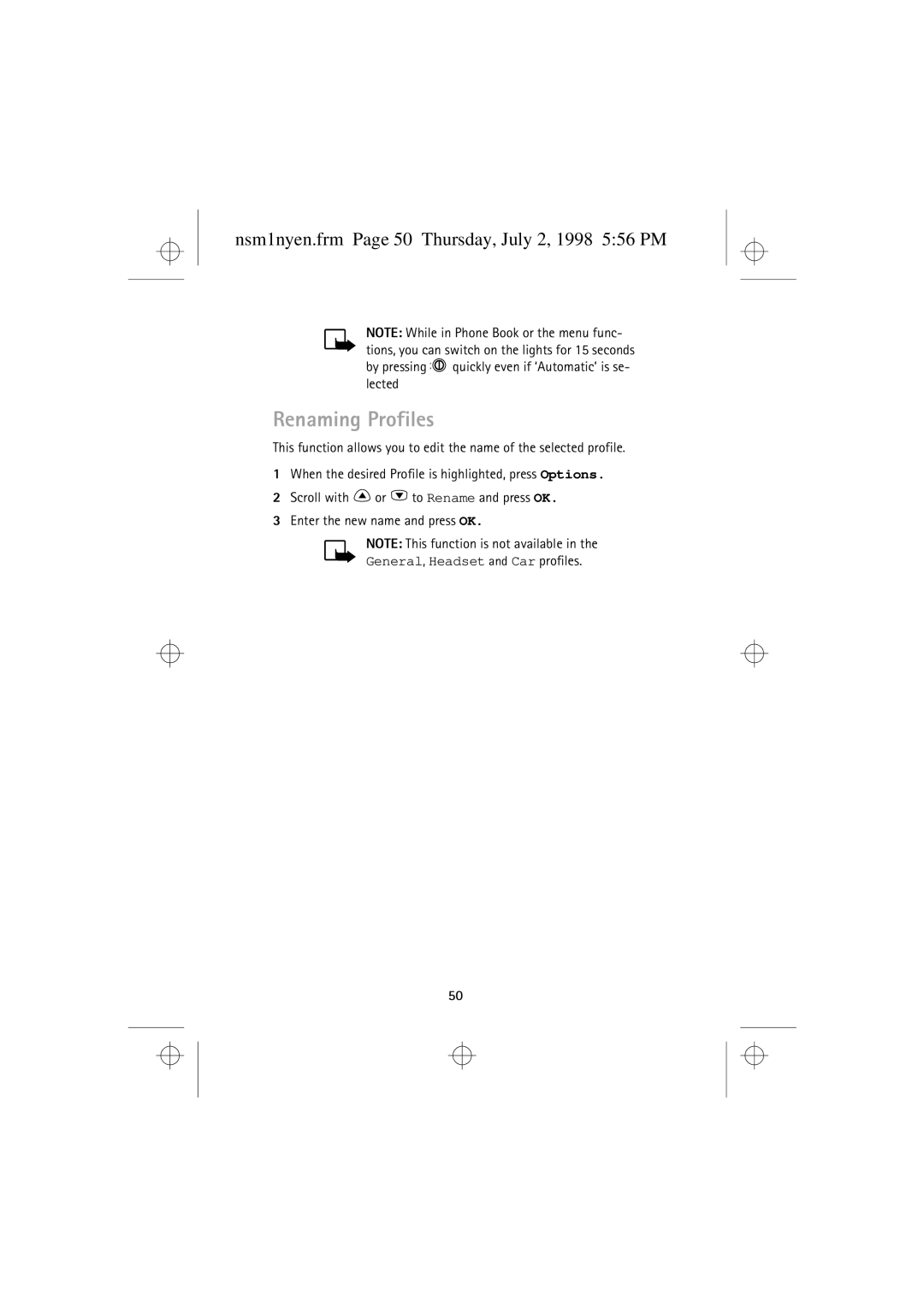 Nokia 9351609 Renaming Profiles, Nsm1nyen.frm Page 50 Thursday, July 2, 1998 556 PM, General, Headset and Car profiles 