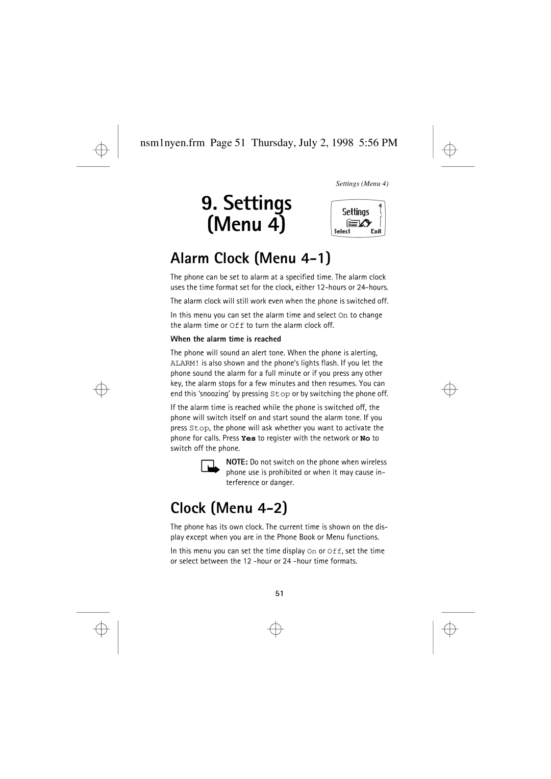 Nokia 9351609 manual Alarm Clock Menu, Nsm1nyen.frm Page 51 Thursday, July 2, 1998 556 PM 