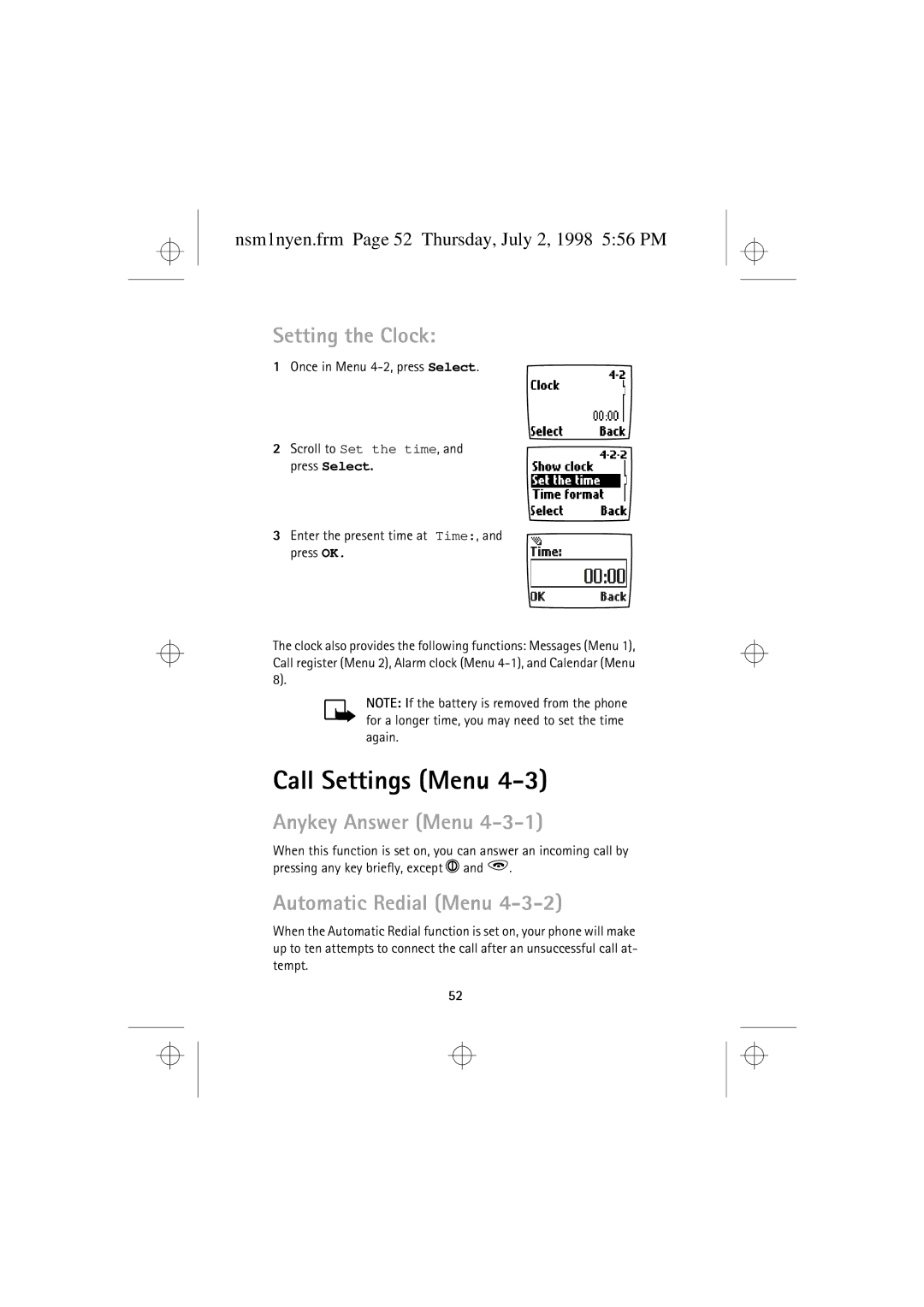 Nokia 9351609 manual Call Settings Menu, Setting the Clock, Anykey Answer Menu, Automatic Redial Menu 