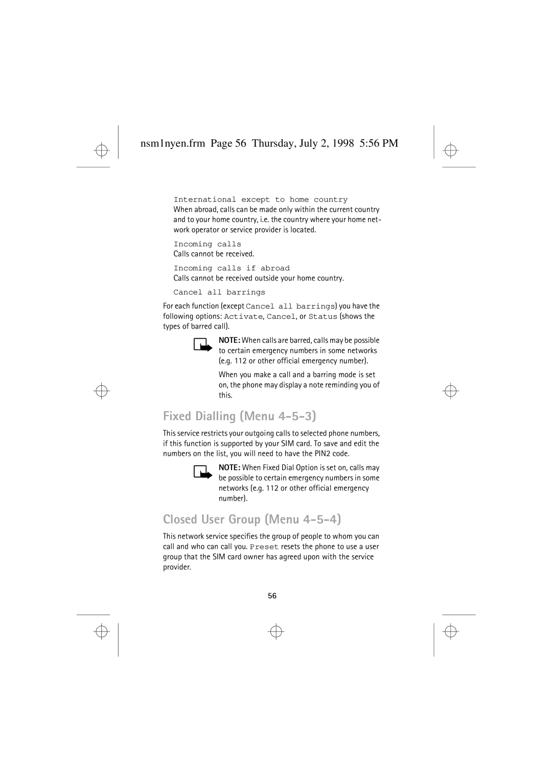 Nokia 9351609 manual Fixed Dialling Menu, Closed User Group Menu, Nsm1nyen.frm Page 56 Thursday, July 2, 1998 556 PM 