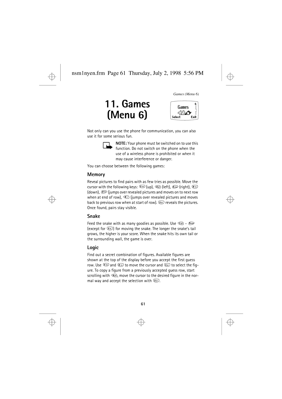 Nokia 9351609 manual Nsm1nyen.frm Page 61 Thursday, July 2, 1998 556 PM, Memory, Snake, Logic 