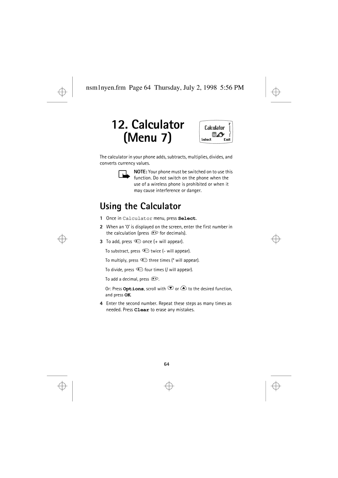 Nokia 9351609 manual Using the Calculator, Nsm1nyen.frm Page 64 Thursday, July 2, 1998 556 PM 