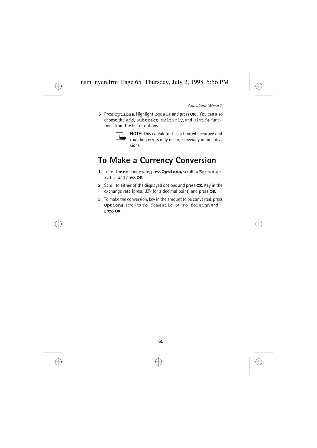 Nokia 9351609 manual To Make a Currency Conversion, Nsm1nyen.frm Page 65 Thursday, July 2, 1998 556 PM 