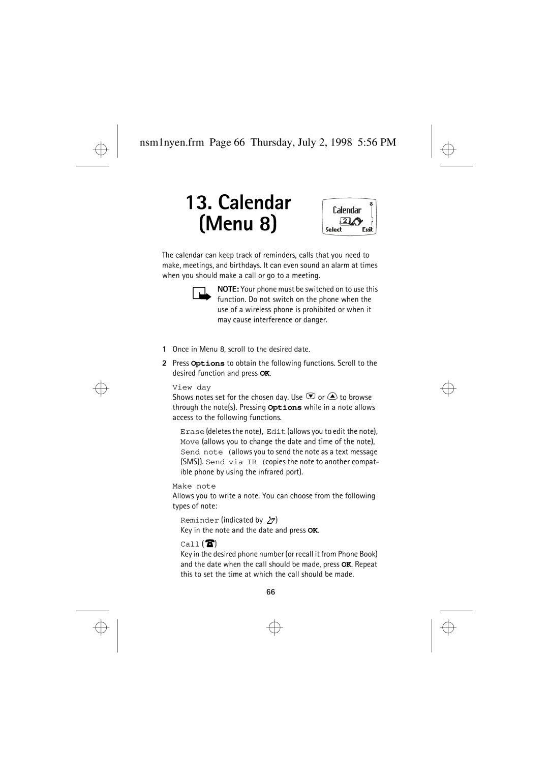 Nokia 9351609 manual Nsm1nyen.frm Page 66 Thursday, July 2, 1998 556 PM, View day, Make note, Call 