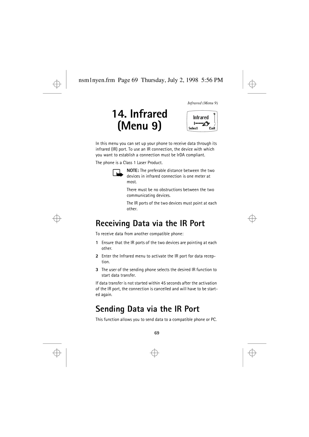 Nokia 9351609 manual Receiving Data via the IR Port, Sending Data via the IR Port 