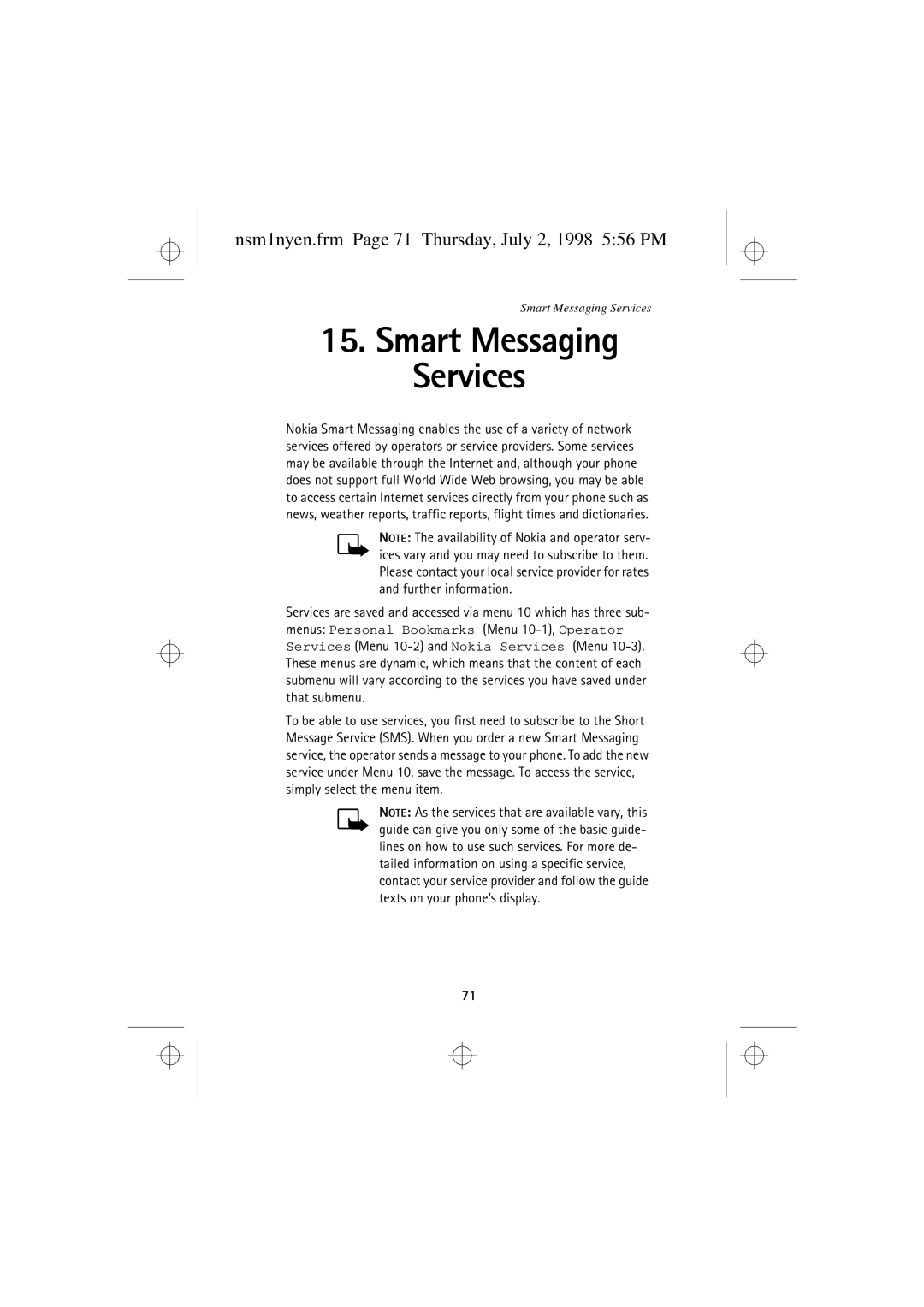 Nokia 9351609 manual Smart Messaging Services, Nsm1nyen.frm Page 71 Thursday, July 2, 1998 556 PM 