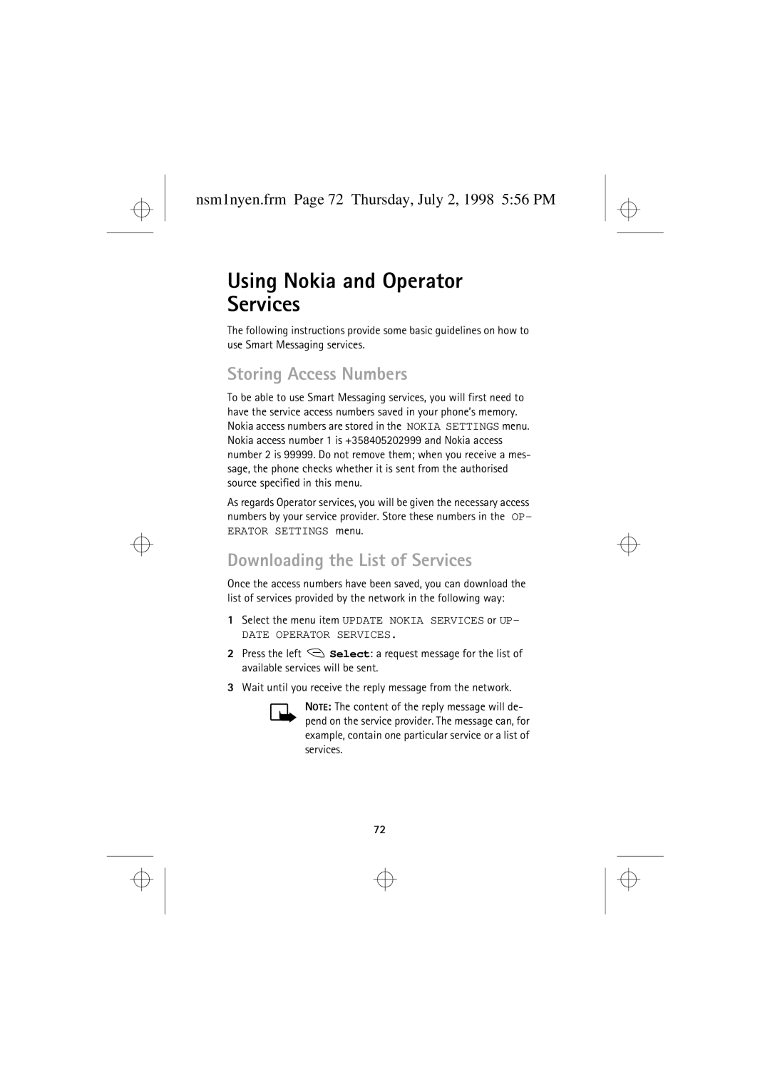 Nokia 9351609 manual Using Nokia and Operator Services, Storing Access Numbers, Downloading the List of Services 